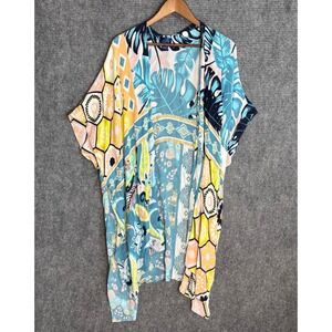 Rachel Rachel Roy Women Floral Geometric Mixed Print Kimono Cover Up Blue Yellow